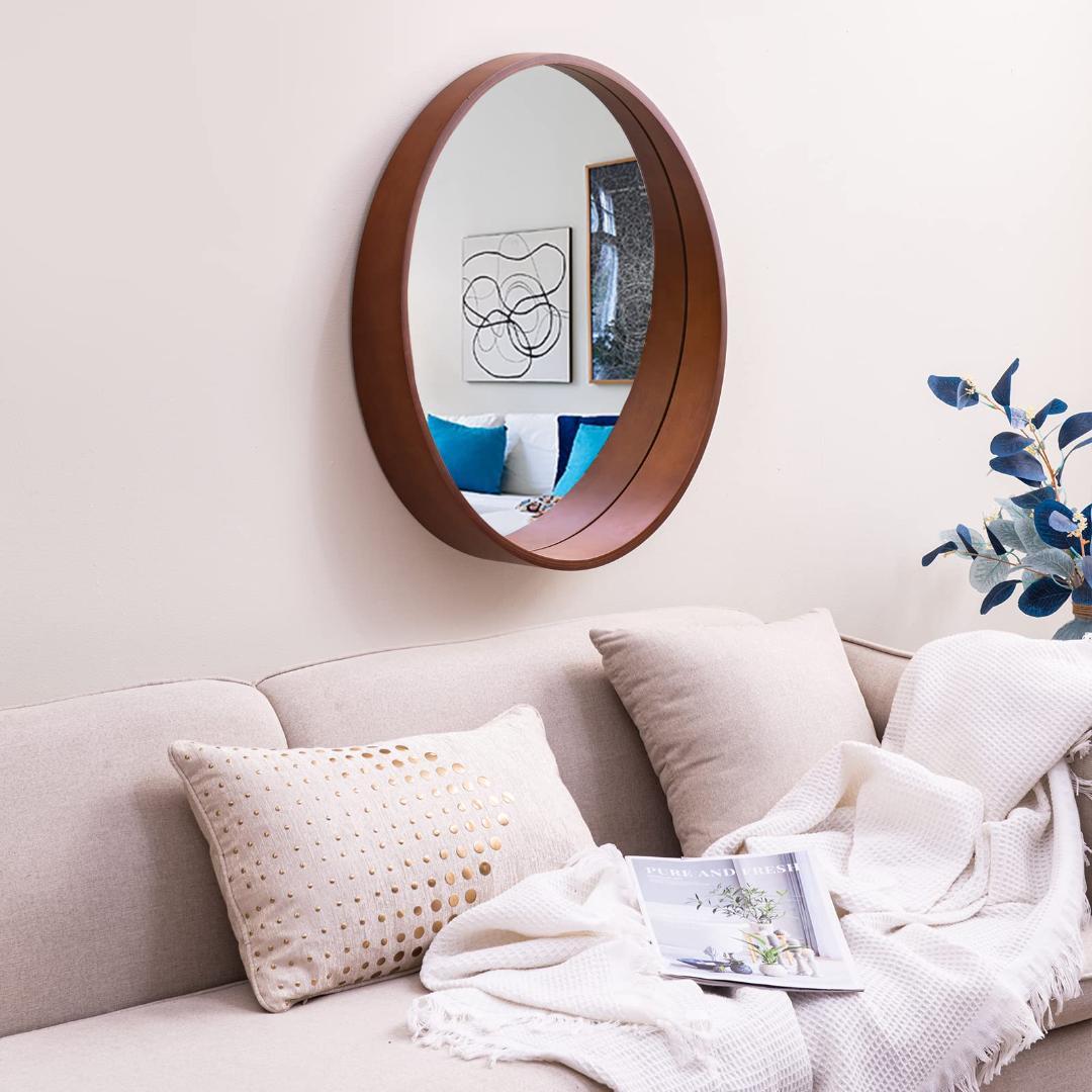壁掛けミラー 洗面所 玄関 天然木フレーム 丸型ミラー