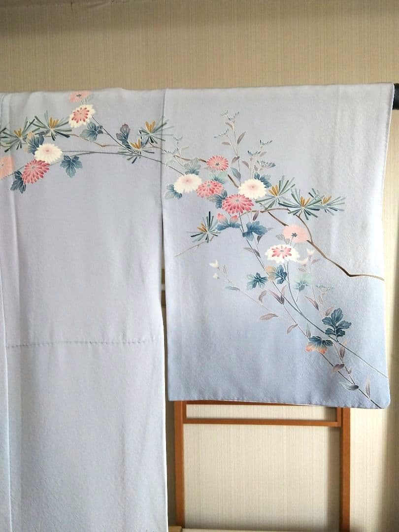 F‐285 訪問着 京加賀友禅 袷 暈し ブルーグレー 菊 松 梅 美品