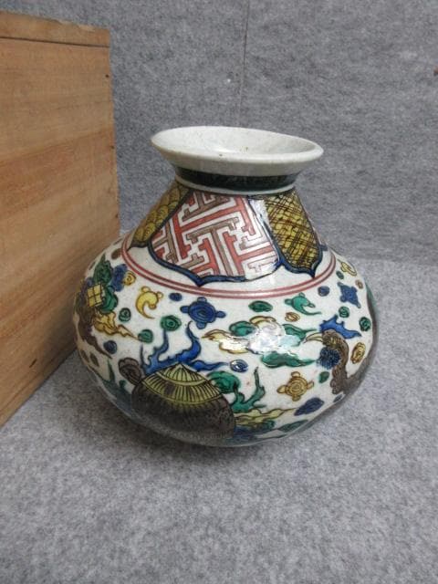 九谷焼二重角福印青手鳳凰図花瓶箱入り [B28230]