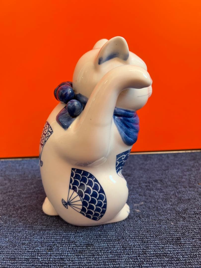1273  九谷焼　角福　染付扇文　招き猫　時代物
