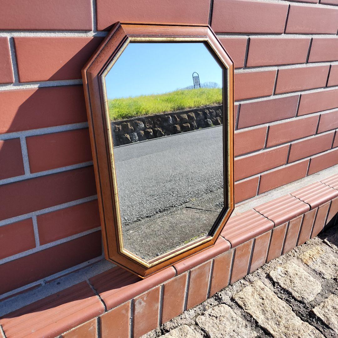 イタリア ヴィンテージ 木製八角形壁掛け鏡 アンティーク ミラー