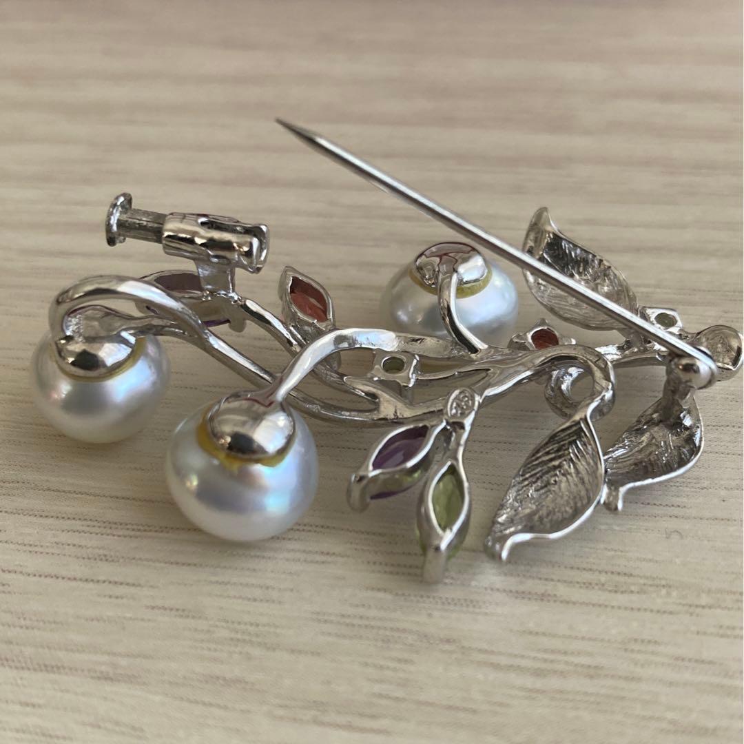 ブローチ パール　カラーストーン　シルバー925　南洋真珠　白真珠　ペンダント