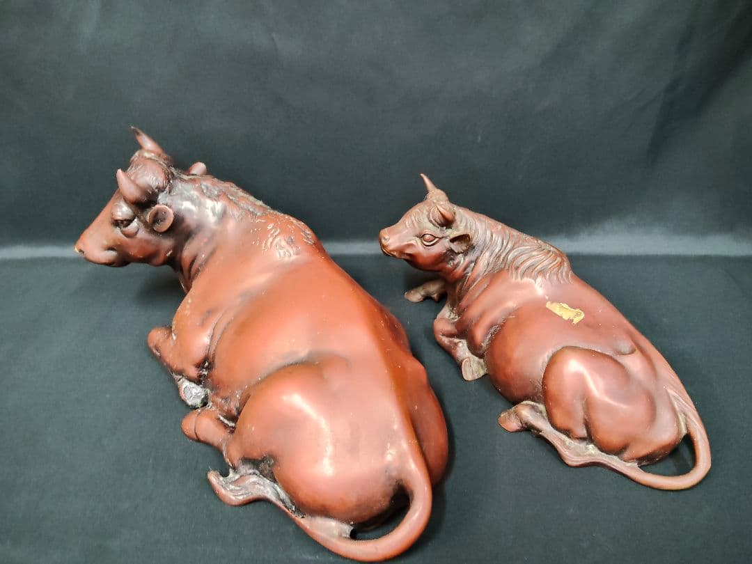 【重量9.6kg】銅製 臥牛 置物 在銘 親子 牛 縁起物 オブジェ 骨董