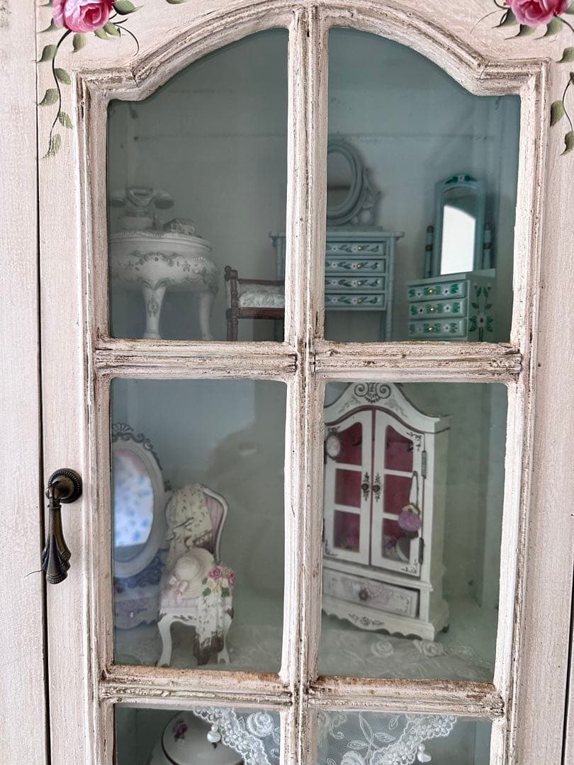 フランスアンティークキャビネット/ウォールラック/薔薇柄ペイント/ドールハウス