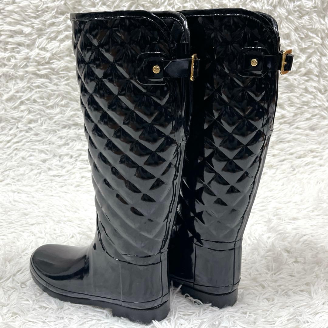 未使用級✨ハンター リファインドグロスキルトトールレインブーツ ブラック25cm