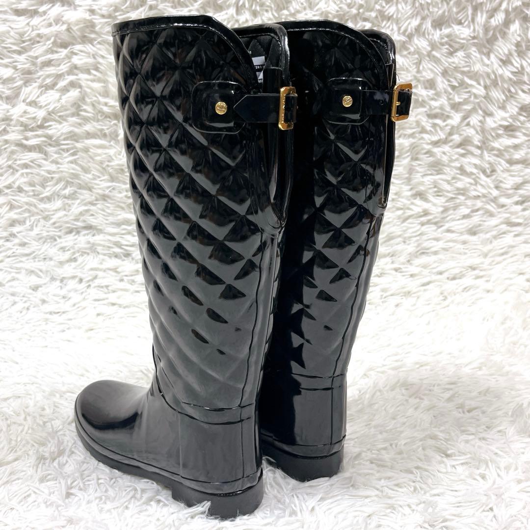 未使用級✨ハンター リファインドグロスキルトトールレインブーツ ブラック25cm