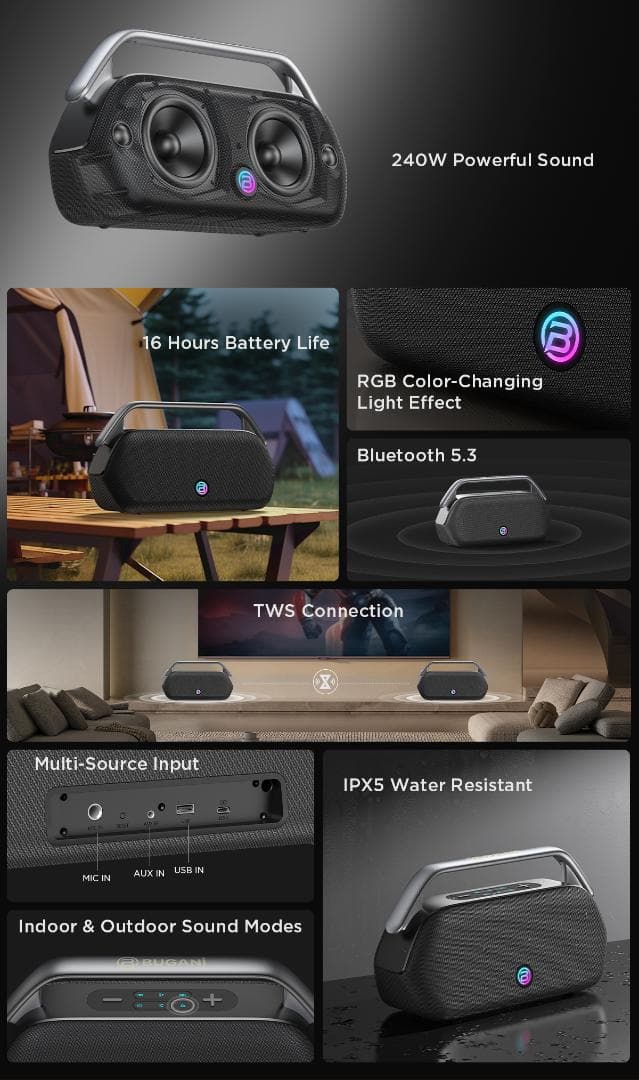 ワイヤレスBluetoothスピーカー 240W 高出力 6000mAh 新品