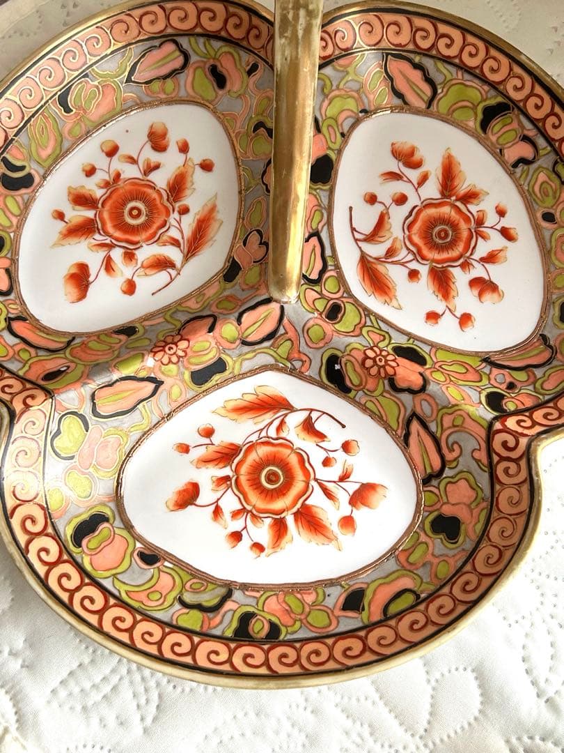 オールドノリタケ　大皿　ハンドル付き　手書き色絵　金彩金盛