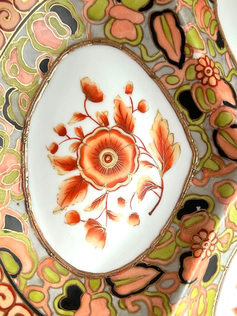 オールドノリタケ　大皿　ハンドル付き　手書き色絵　金彩金盛