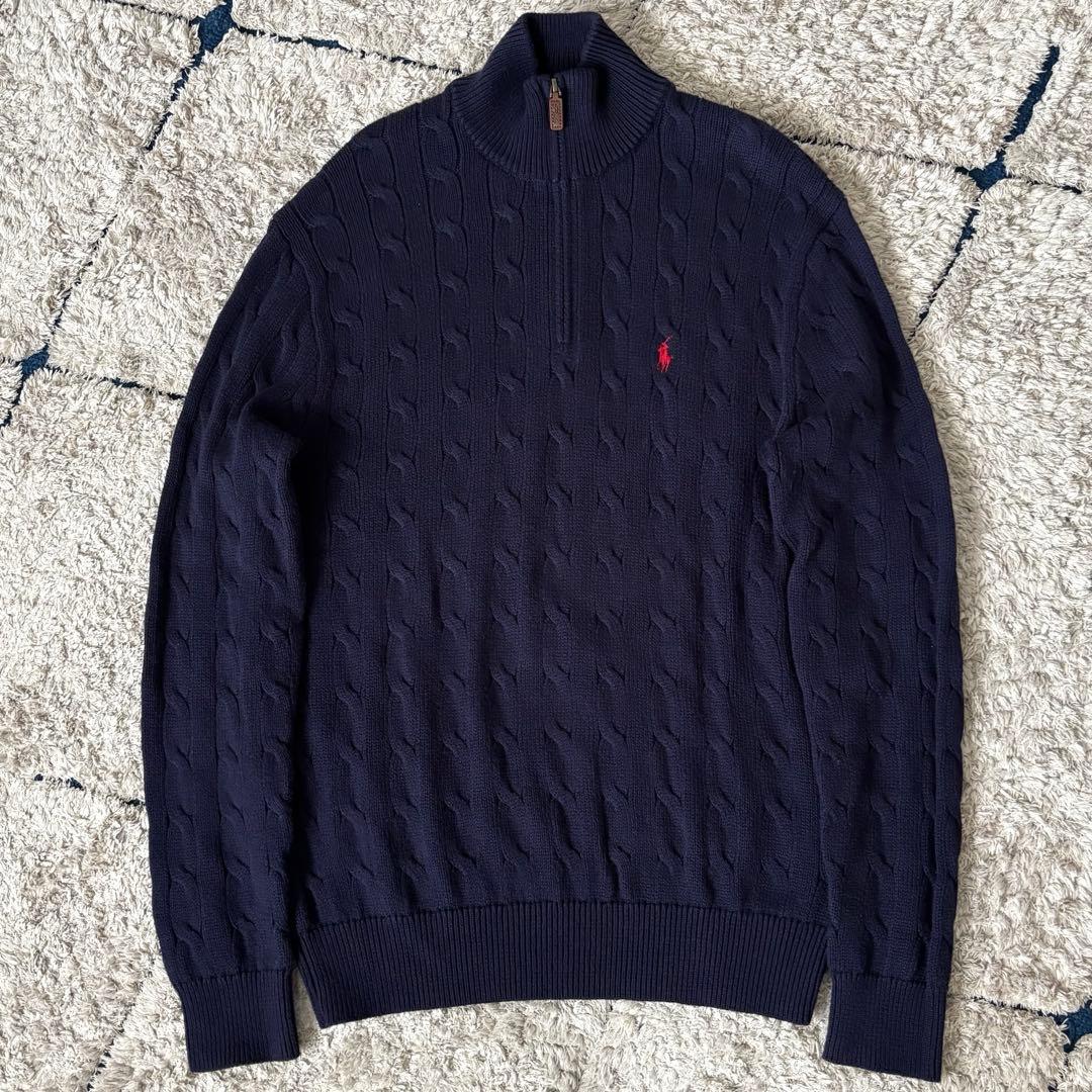【希少✨】ポロラルフローレン　ケーブルニット　ハーフジップ　紺　大人気　刺繍　M