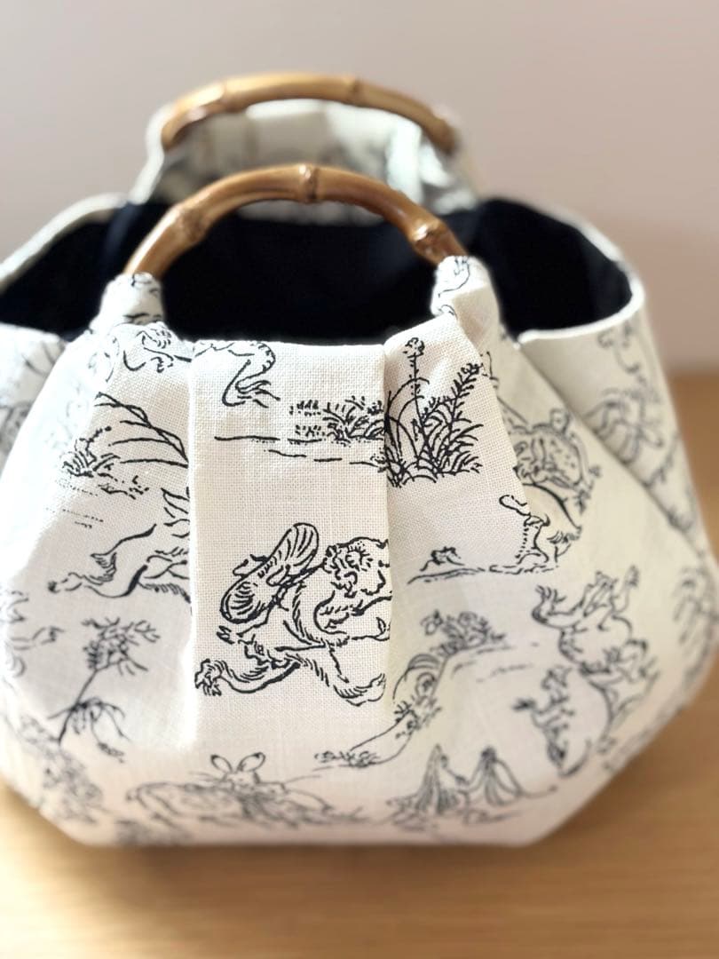 和装バック　着物バック和柄コットン生地・鳥獣戯画（アイボリー）入学卒業結婚式振袖