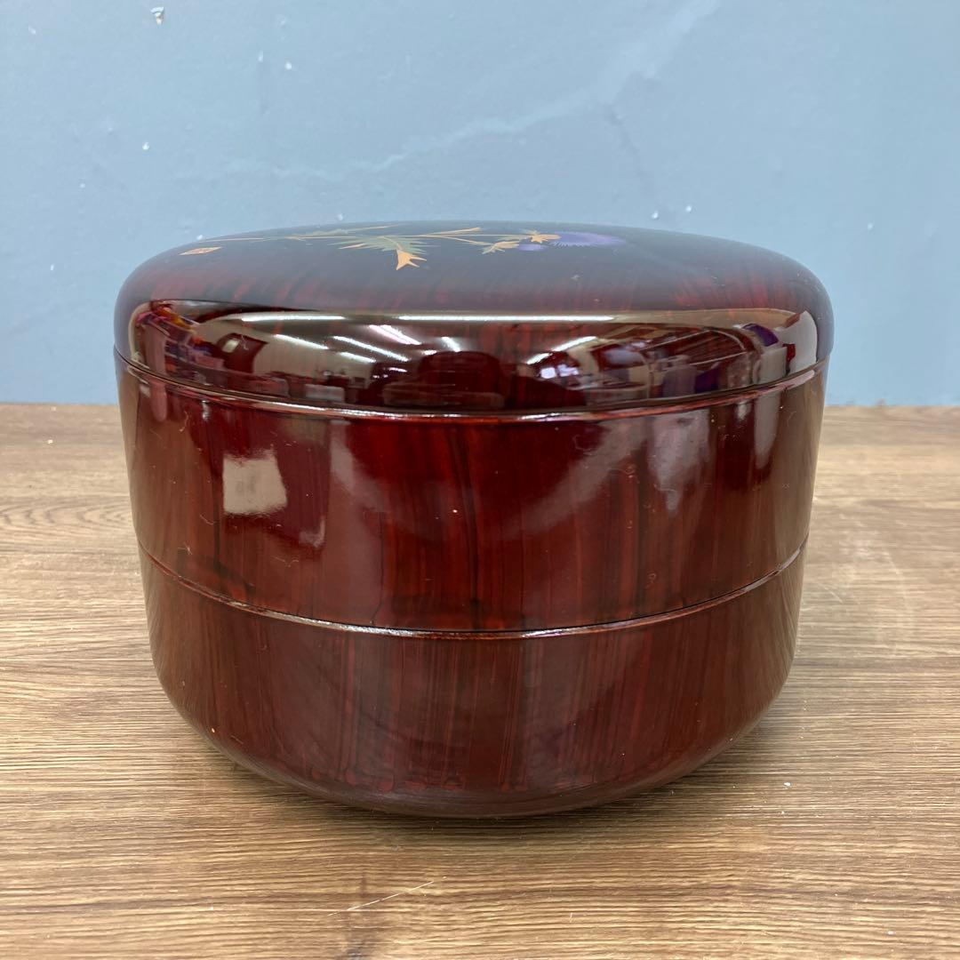 E-1 昭和レトロ 会津塗 丸二段 菓子器 春慶 木目 アザミ 伝統工芸 漆器