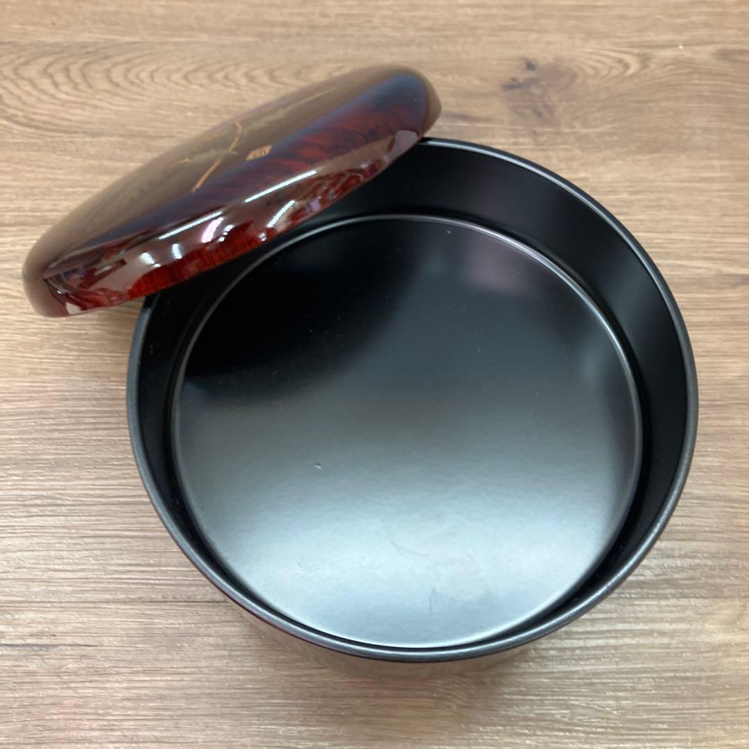 E-1 昭和レトロ 会津塗 丸二段 菓子器 春慶 木目 アザミ 伝統工芸 漆器