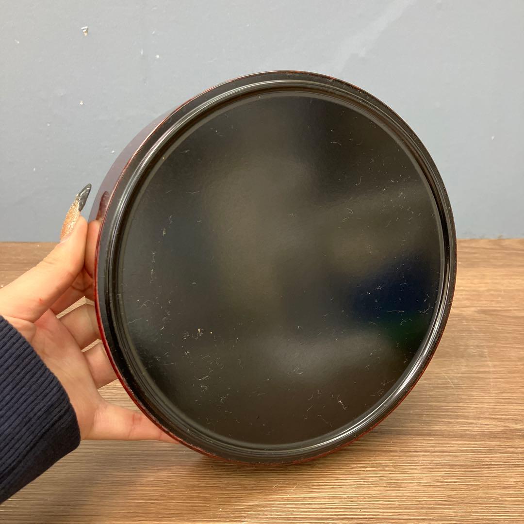 E-1 昭和レトロ 会津塗 丸二段 菓子器 春慶 木目 アザミ 伝統工芸 漆器