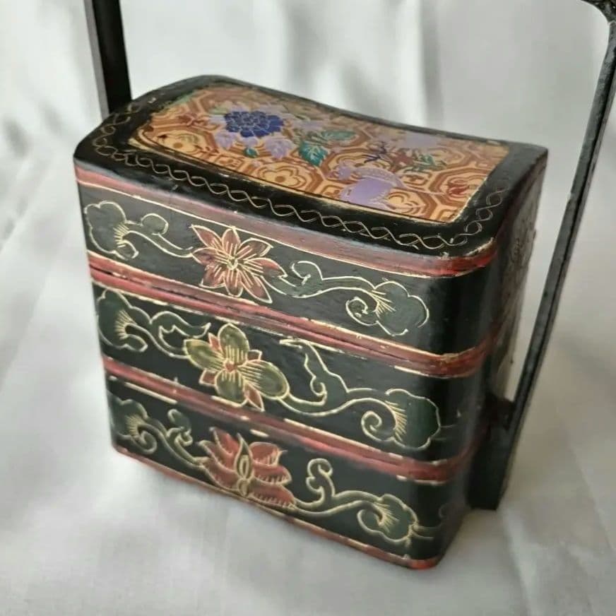 重箱 陶器蓋 草花 鹿 二段重 骨董 ヴィンテージ 時代物 中国 アジア