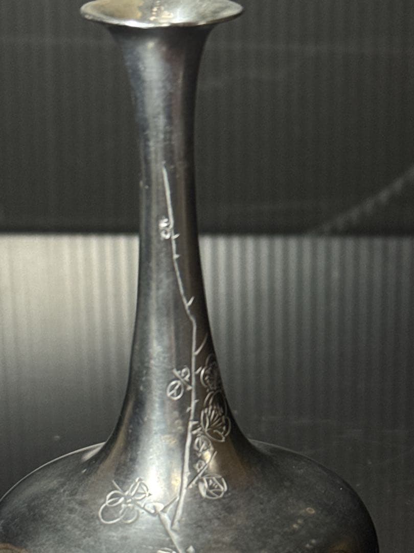 明治期 純銀 在銘 細密彫金 花図 花瓶 花生 約84.5g