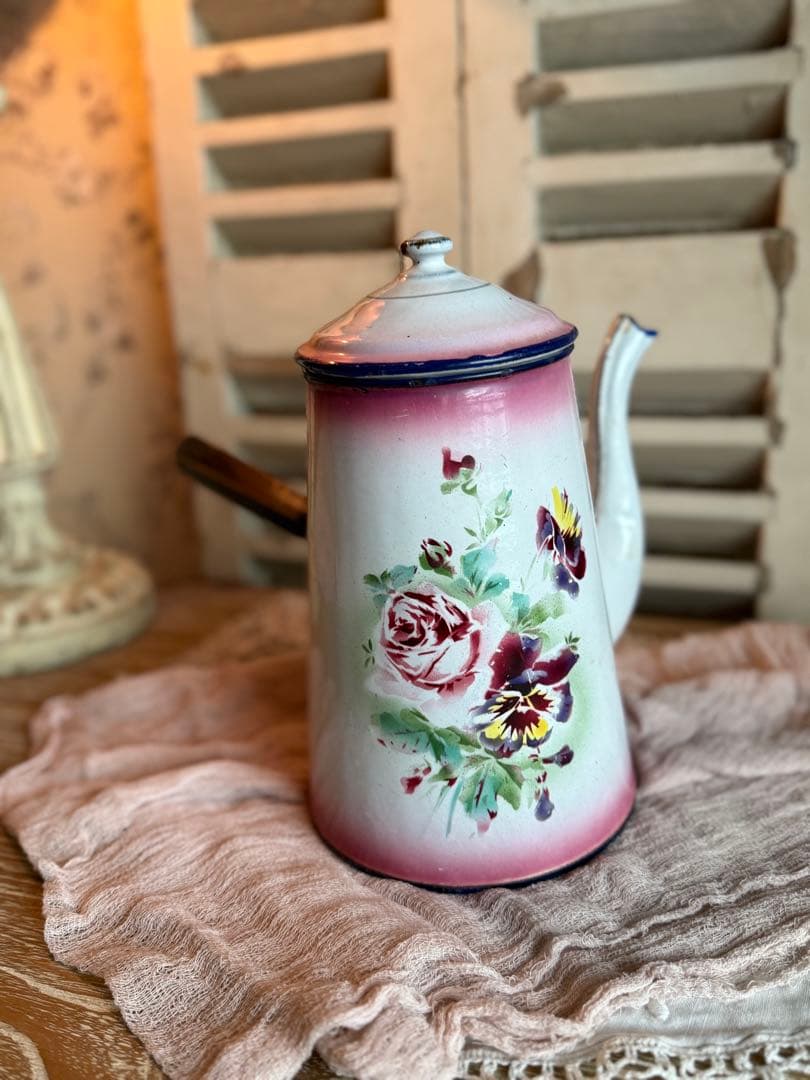 フランスアンティークホーロージャピー社ピンク薔薇とパンジー柄レア！ショコラティエ