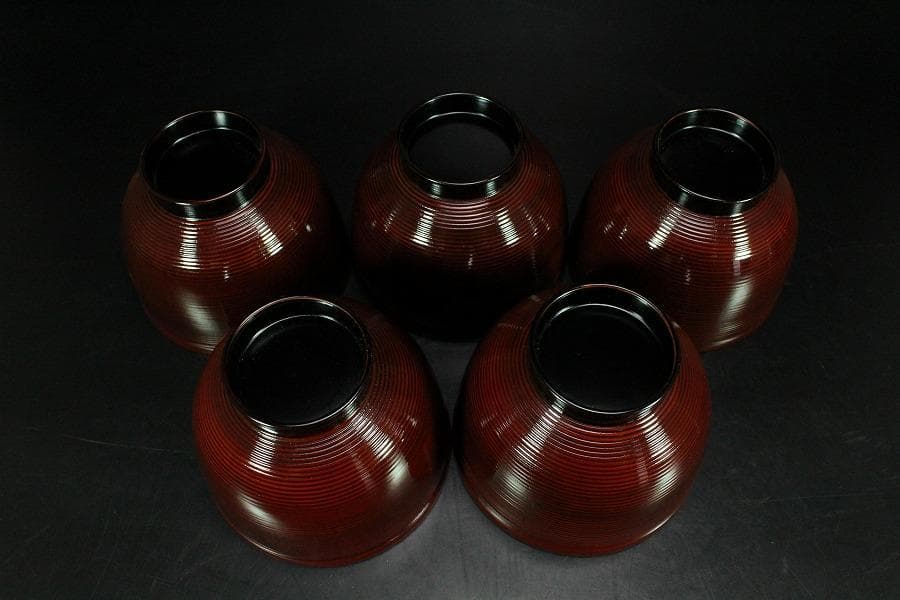 輪島塗 銀地草花紋 溜 糸目 椀 五客 極上(K-XA673)