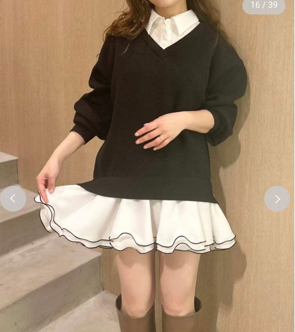 【新品】Lily Brown シャツドッキングフリルミニワンピース　BLK