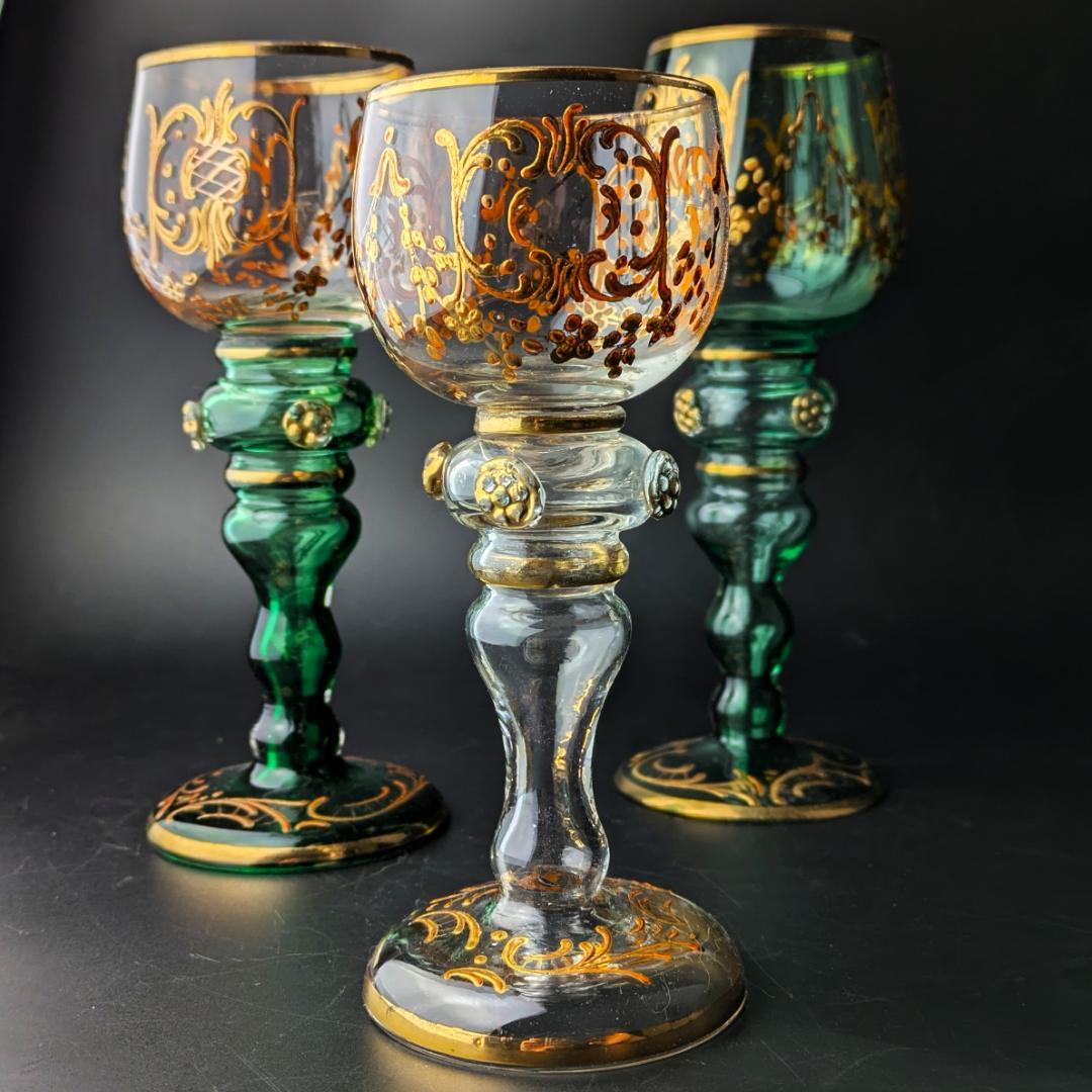 モーゼル金彩ルネサンス調ゴブレット3客 希少ヴィンテージ ボヘミア皇室御用達美品