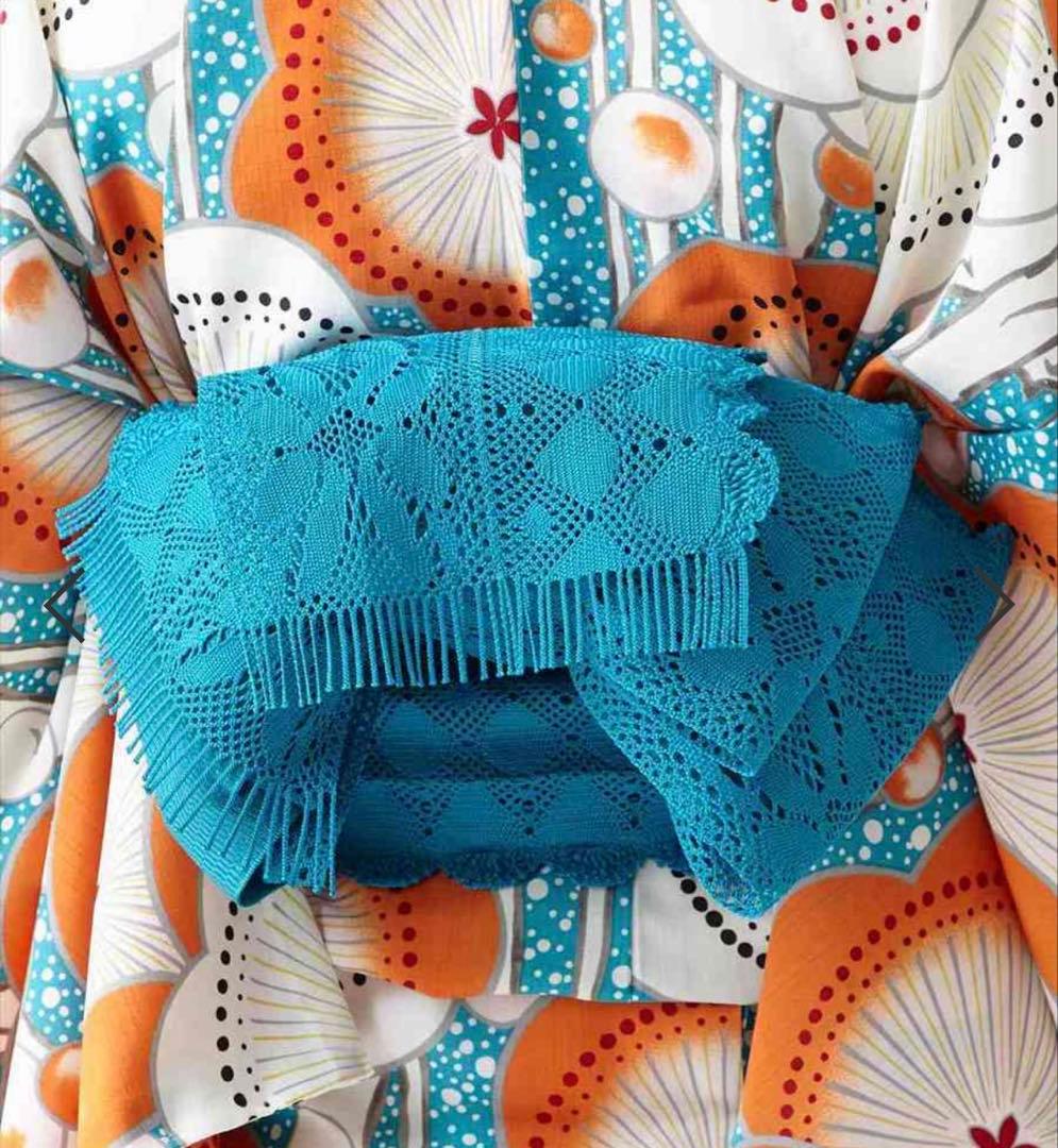 【美品】ふりふ　レース　半巾帯　ターコイズ