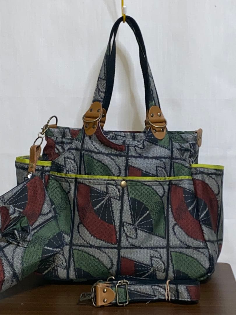 大島紬&岡山デニム☆Mサイズ☆4way♪あおりバッグ☆ポーチ付き