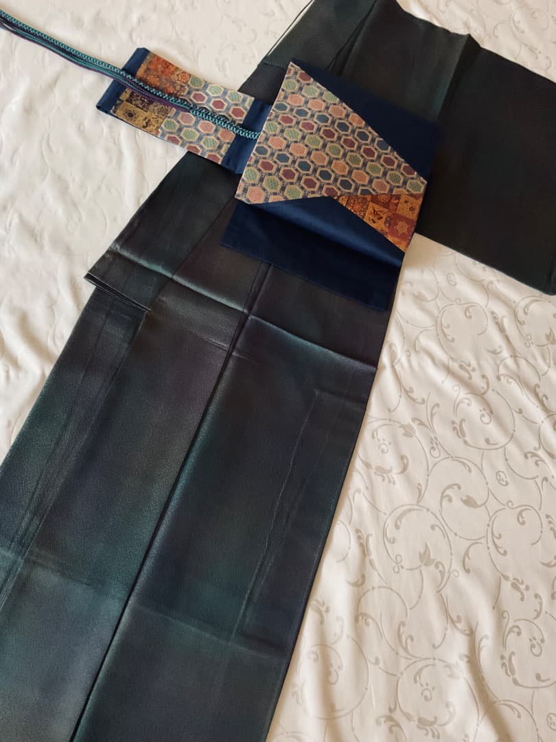 ぼかし染め　無地　着物　切り嵌め 名物裂　名古屋帯　帯締め　フルセット　正絹