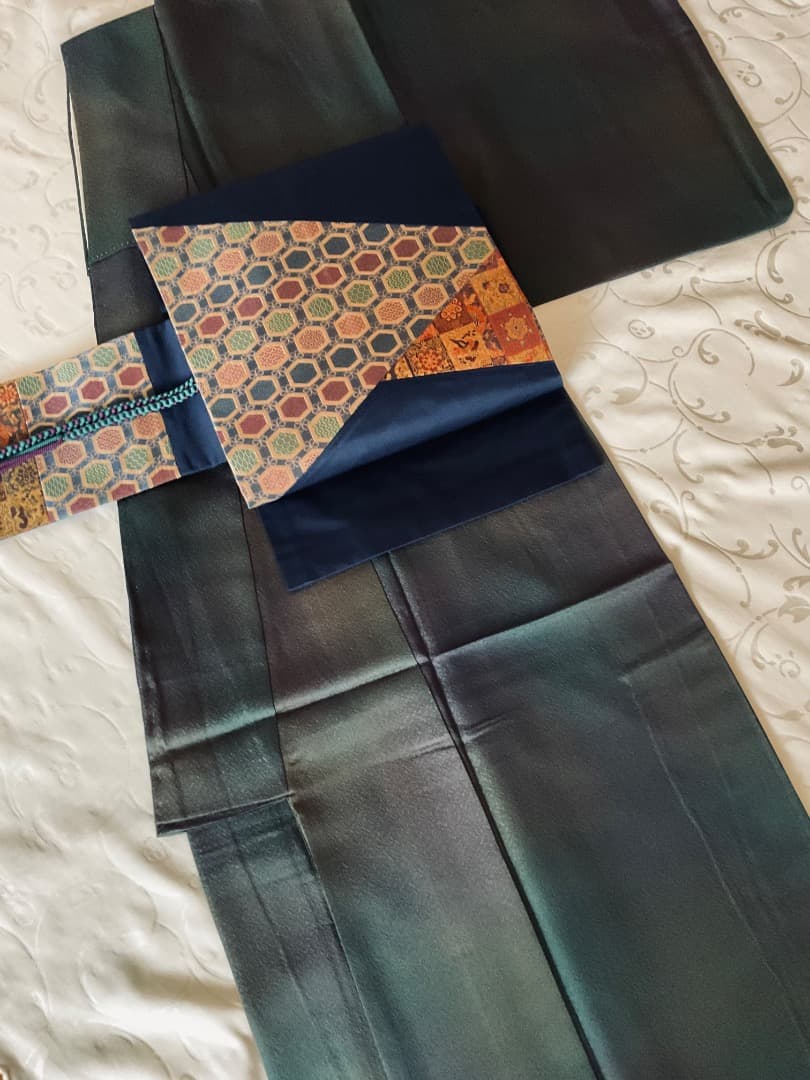 ぼかし染め　無地　着物　切り嵌め 名物裂　名古屋帯　帯締め　フルセット　正絹