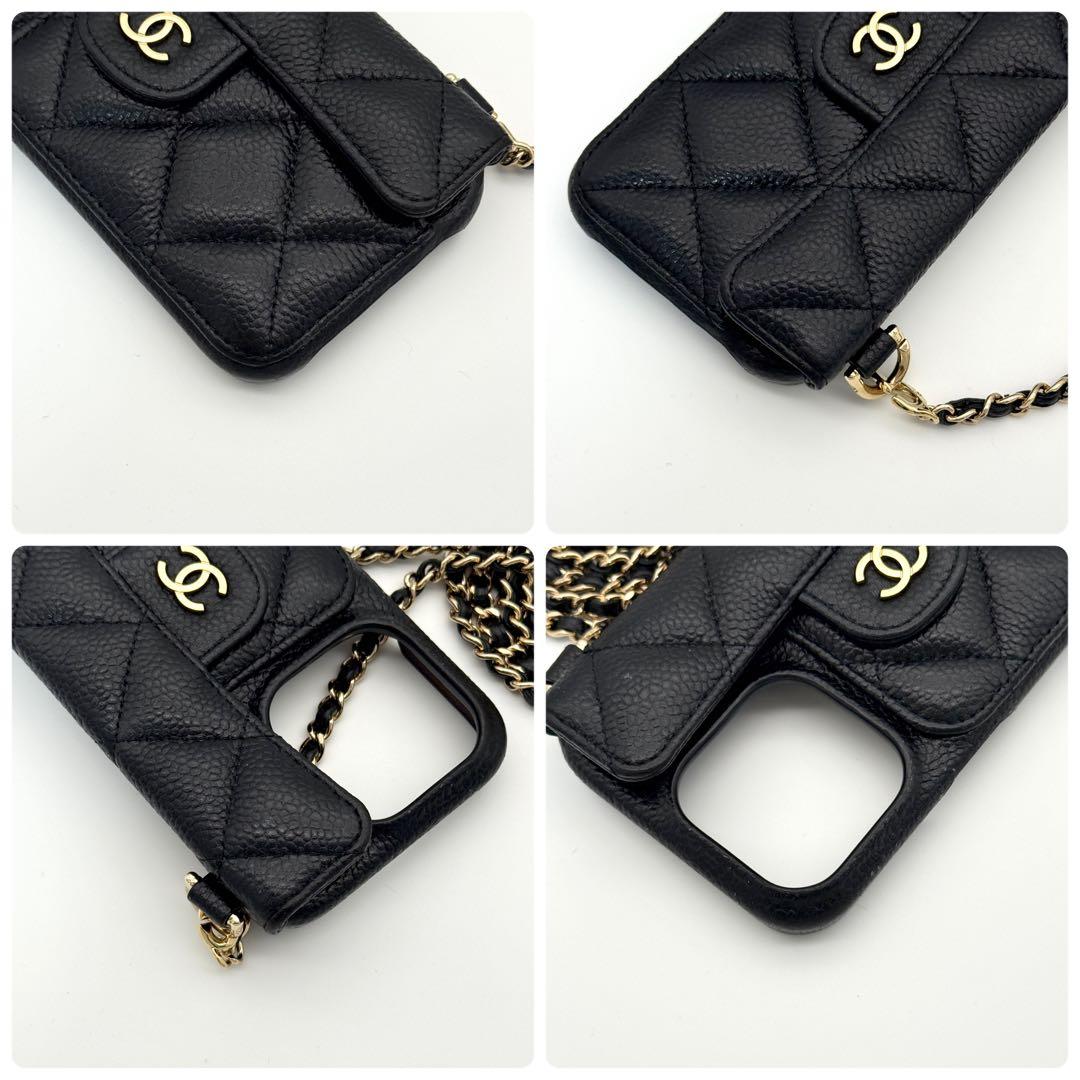 美品 CHANEL キャビアスキン iPhone 15 Pro ケース チェーン