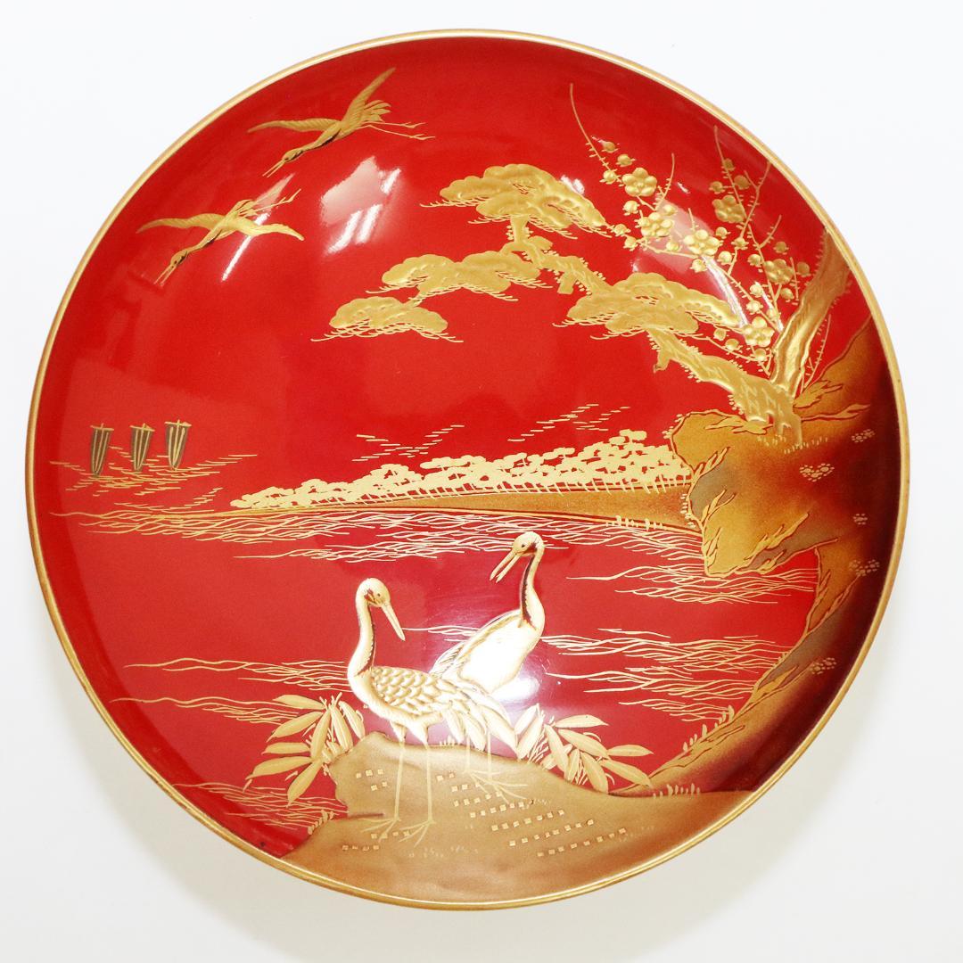 時代漆器 朱漆塗 鶴亀山水 松竹梅 縁起物 蒔絵 三ツ重盃 木製