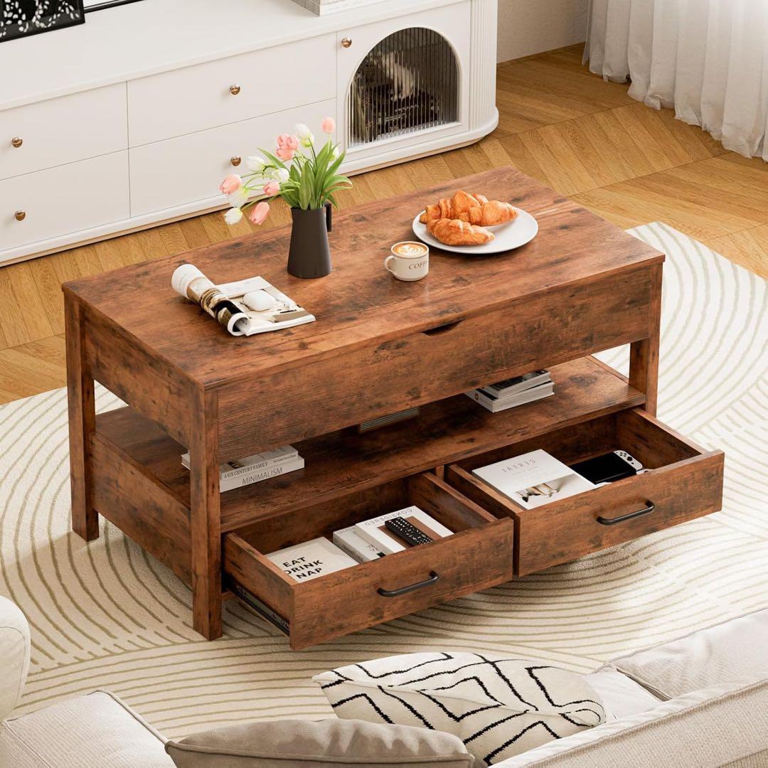 ローテーブル昇降式 コーヒーテーブル 木製 引き出し付き 収納付き