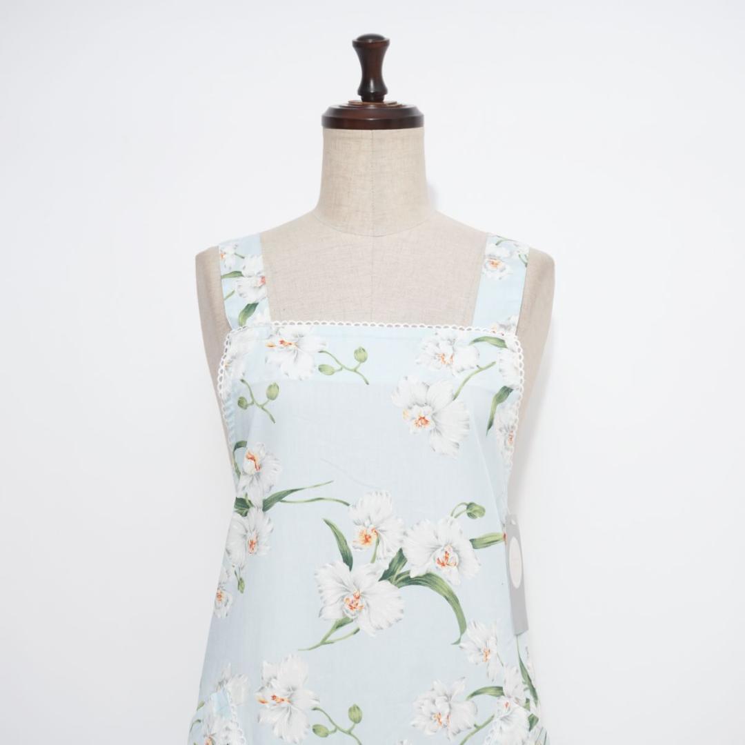 新品 クリスチャンディオール 花柄プリントエプロン 水色 サイズF*LD188