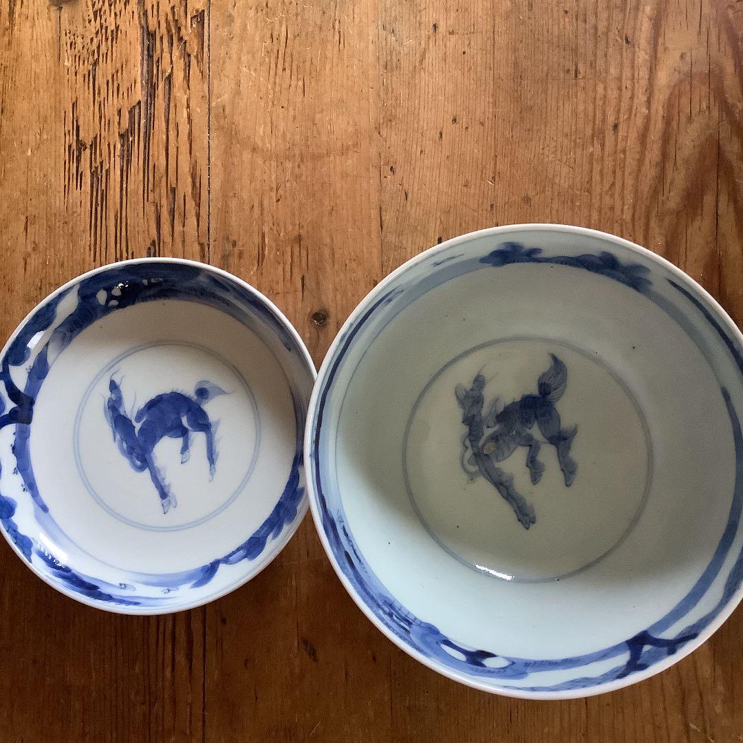 古伊万里☆蓋物大ぶり茶碗☆線描き☆麒麟の図☆江戸後期