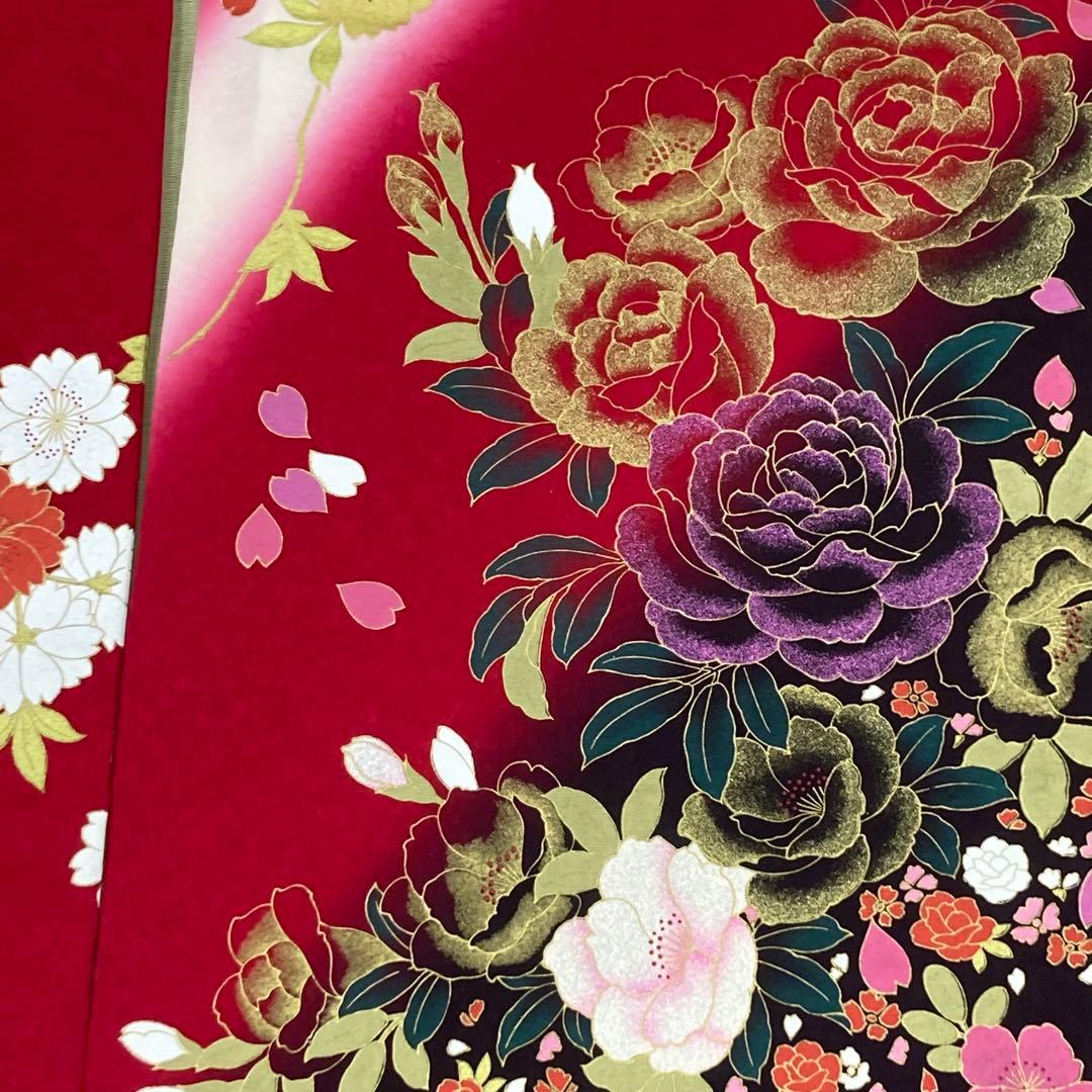 ☆中古品☆振袖　単品　正絹　赤系花模様B級品難あり振袖