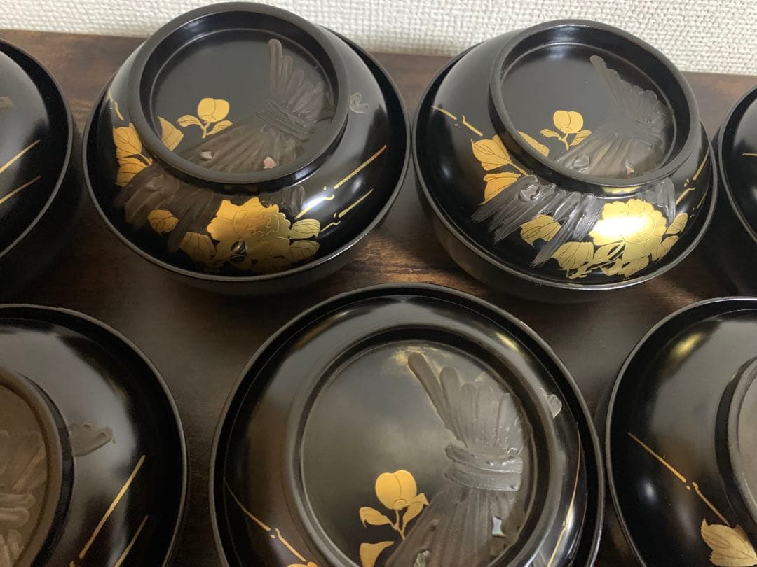 沈金蒔絵　木製漆塗吸物椀10客　時代物　お椀　汁椀　貝細工　芍薬　結び切り