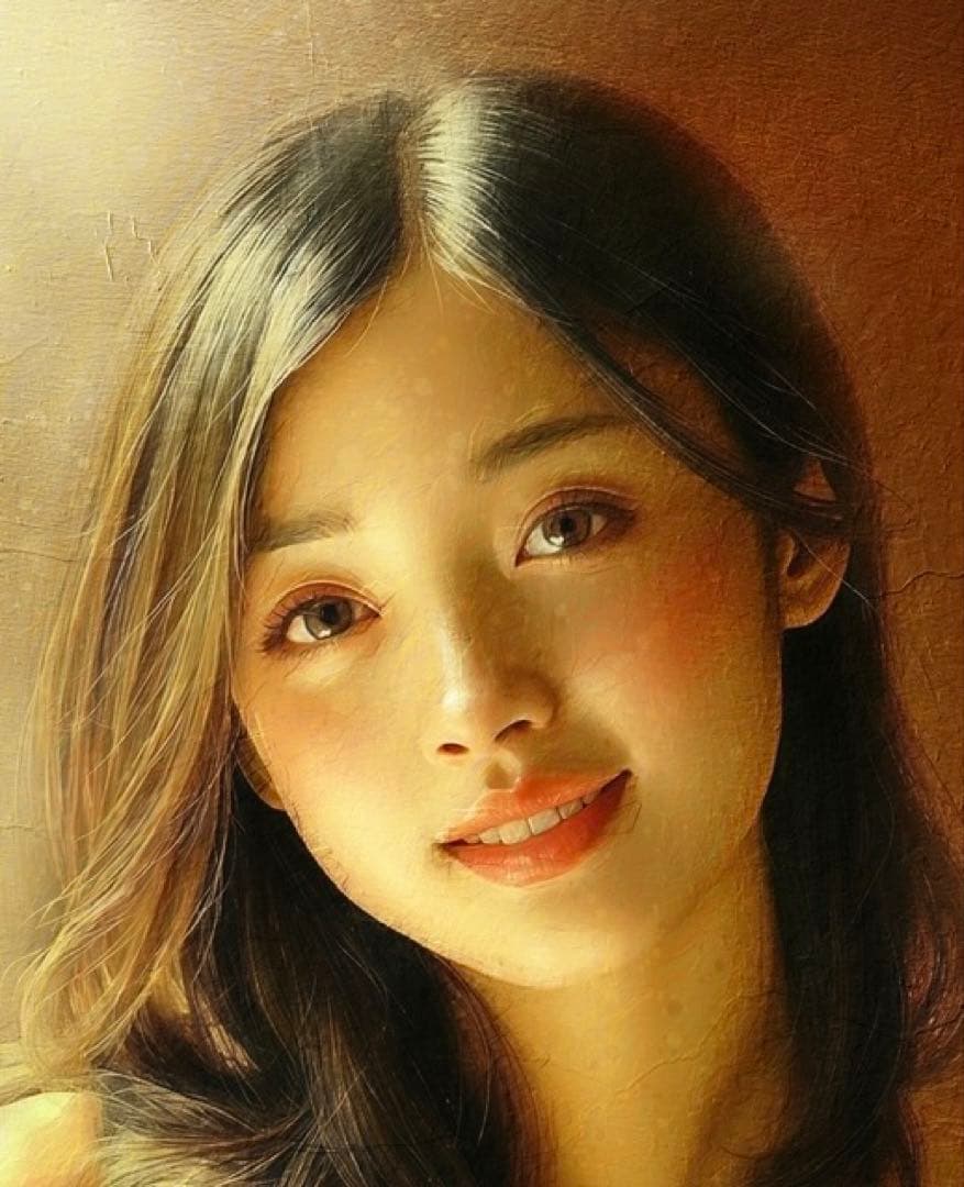 【光り輝く笑顔の美しい女性の絵】油絵風の肖像画・人物画