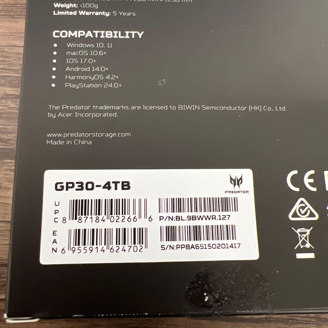 262054 Acer Predator 外付けSSD 4TB GP30