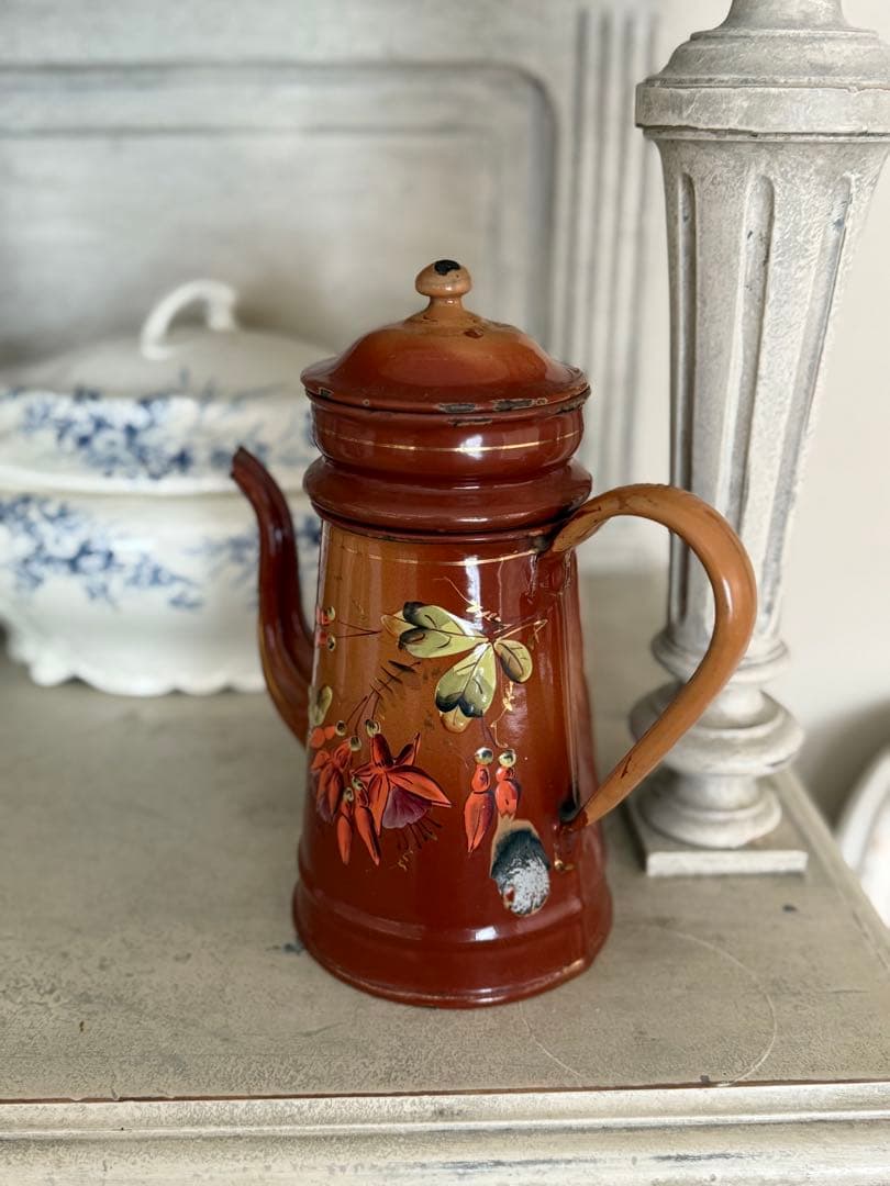 フランスアンティークホーロー秋色茶色グラデーションフクシア柄コーヒービギンポット