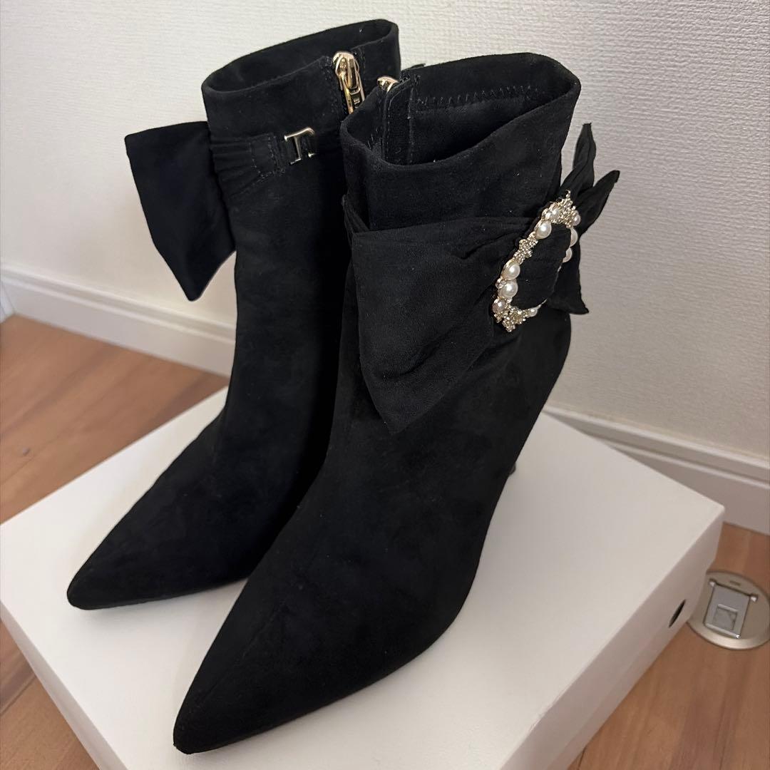 ブーツ 2WAY ビジュー×リボン ショートブーツ レディース