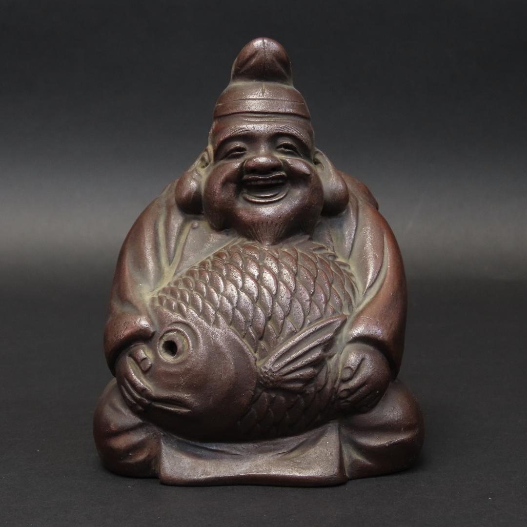⭕400 江戸時代末期 備前焼 鯛を持つ恵比寿様 大根を持つ大黒様 高さ13cm