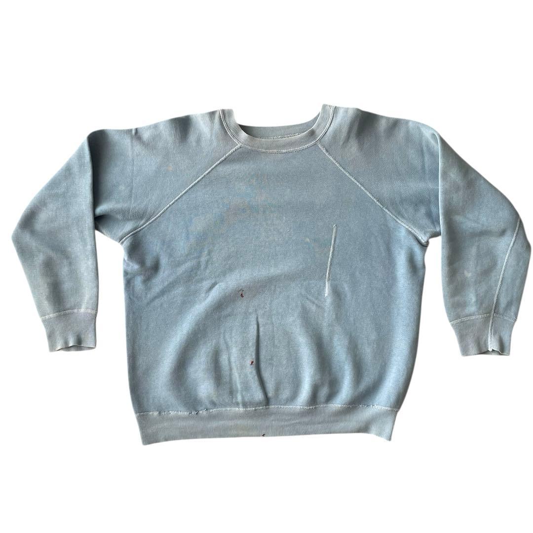 60s ヴィンテージ スウェット 無地 水色 ラグラン 4本針 XLフェード