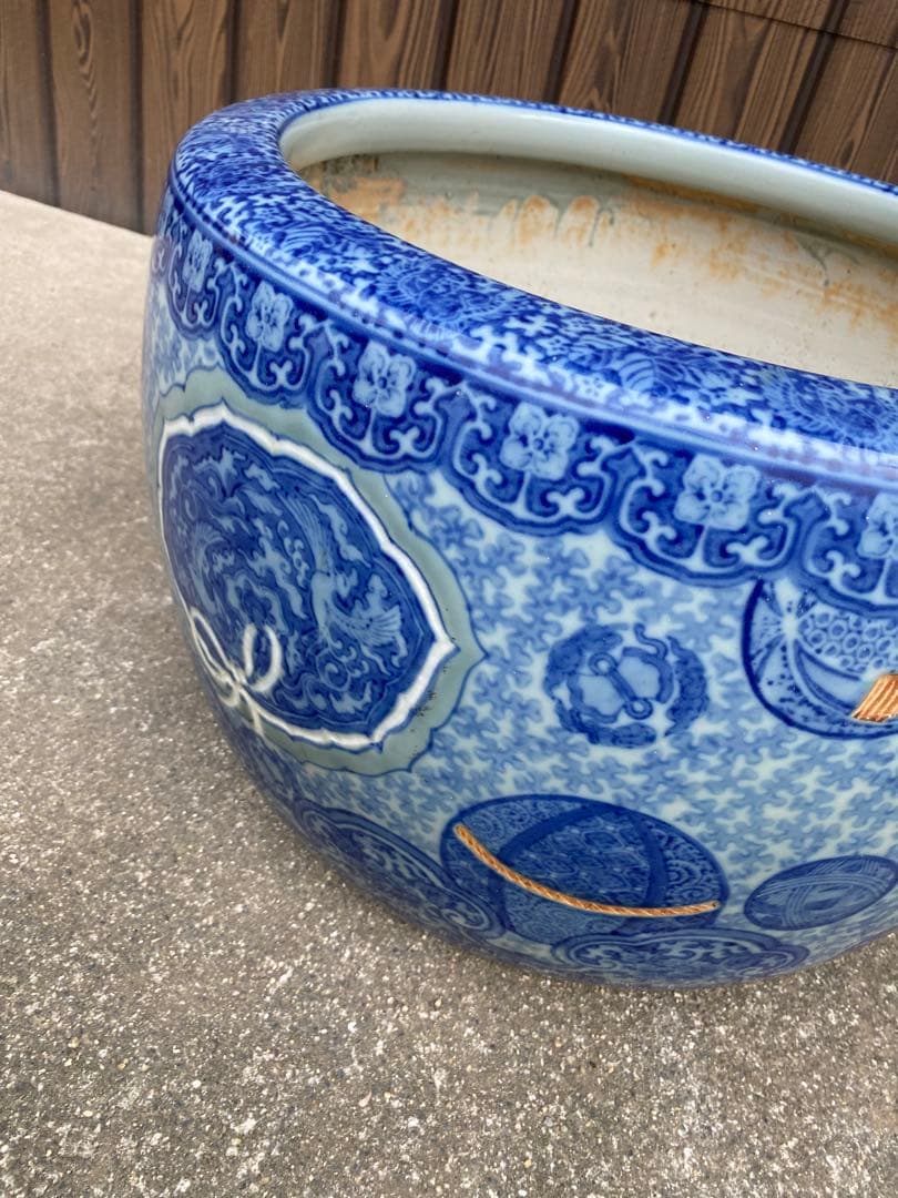 特大　火鉢　陶器鉢　睡蓮鉢　染付　有田焼　在銘　花　金魚鉢　骨董　アンティーク