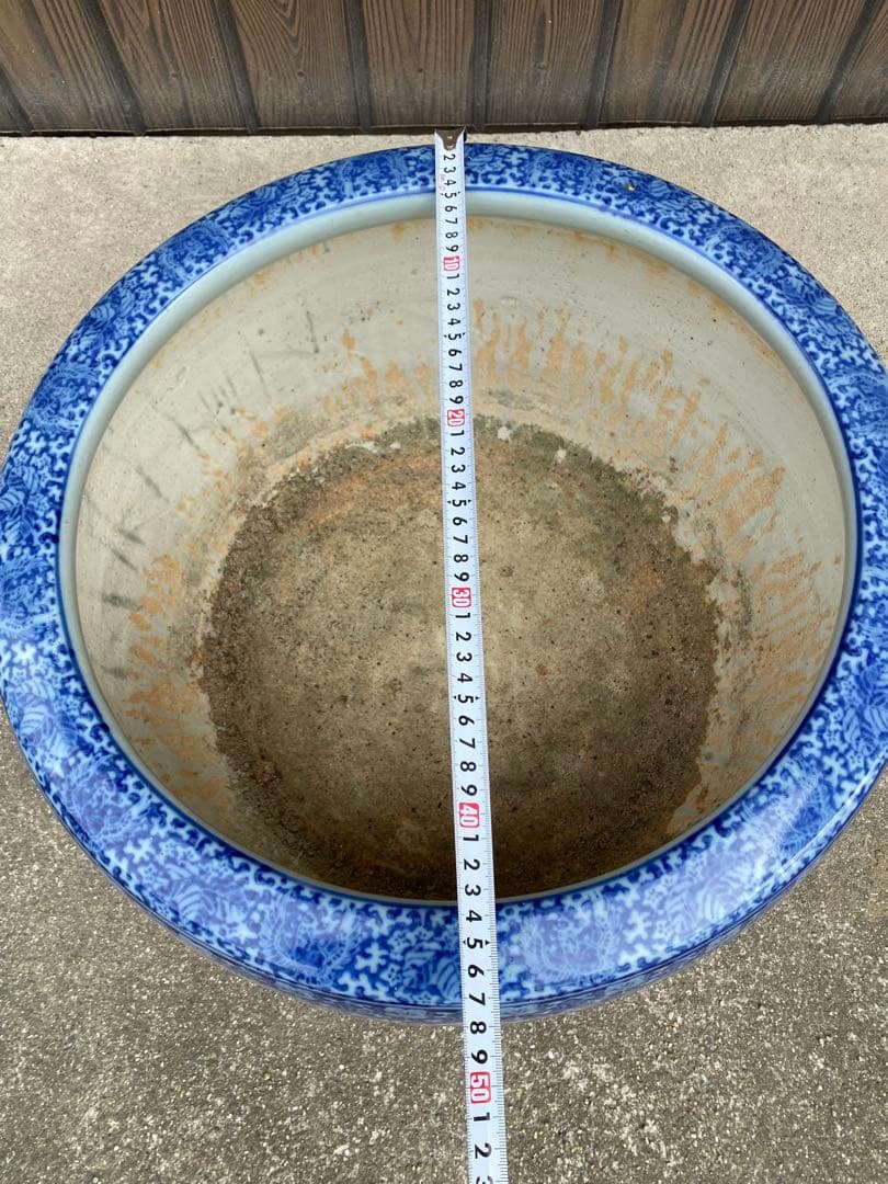 特大　火鉢　陶器鉢　睡蓮鉢　染付　有田焼　在銘　花　金魚鉢　骨董　アンティーク