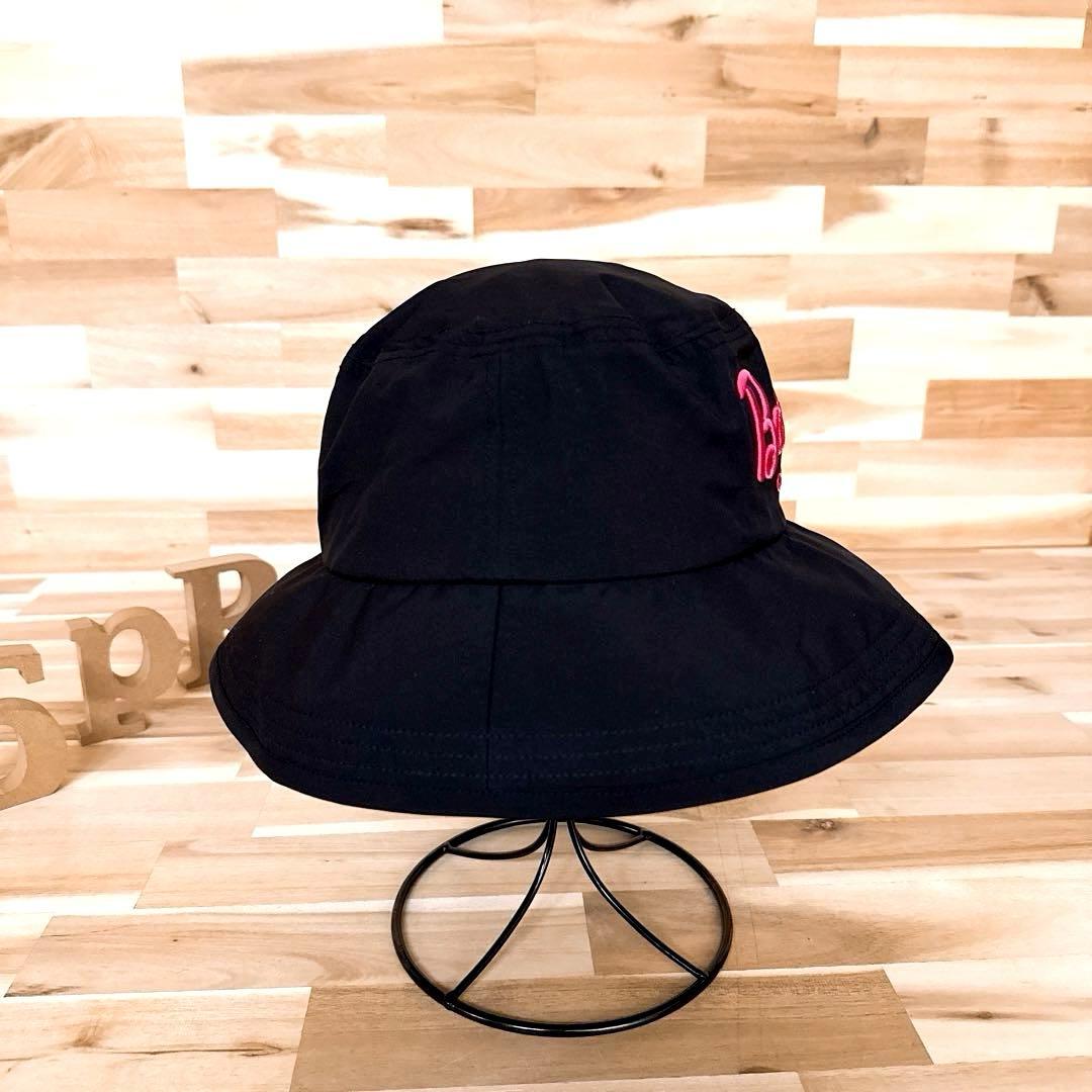 美品【パーリーゲイツ×バービー】限定コラボ 刺繍 ゴルフ ハット S 黒×ピンク