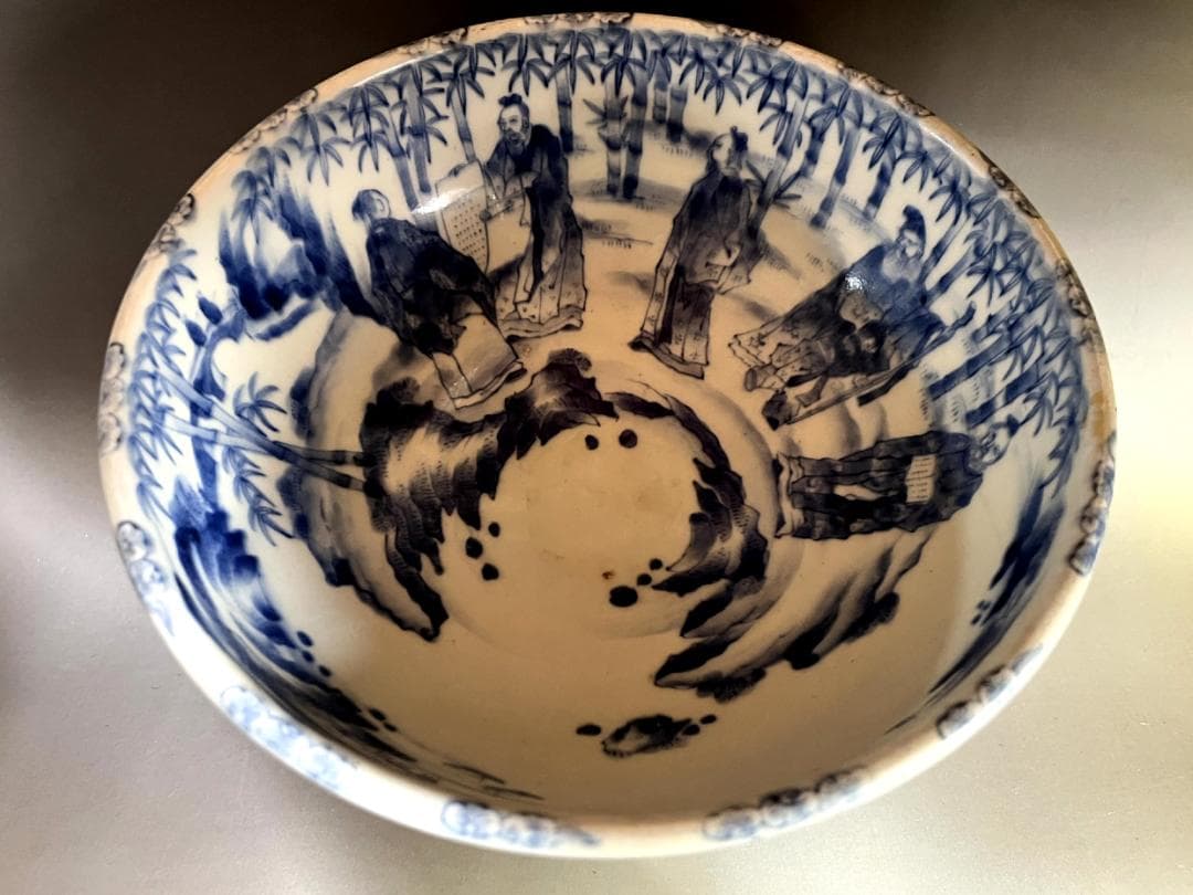 杯洗■古伊万里染付人物絵盃洗 江戸時代後期 竹 鳥 酒器 古美術 時代物 骨董■