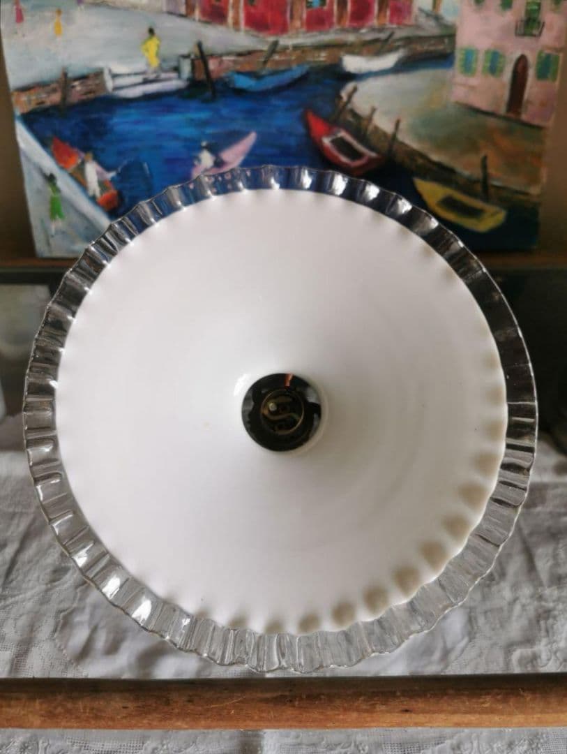 アンティーク フランス 透明＆ミルクガラスフリル シーリングランプ＆レースセット