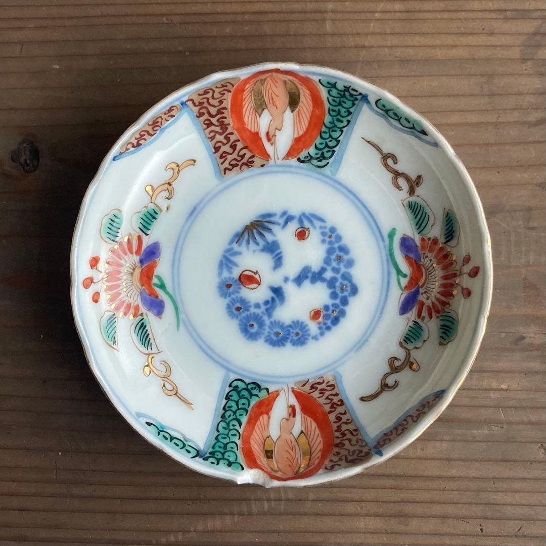 金彩赤絵鶴唐花皿　伊万里焼や青郊窯、大聖寺伊万里、古伊万里や九谷焼、龍峰窯好きに