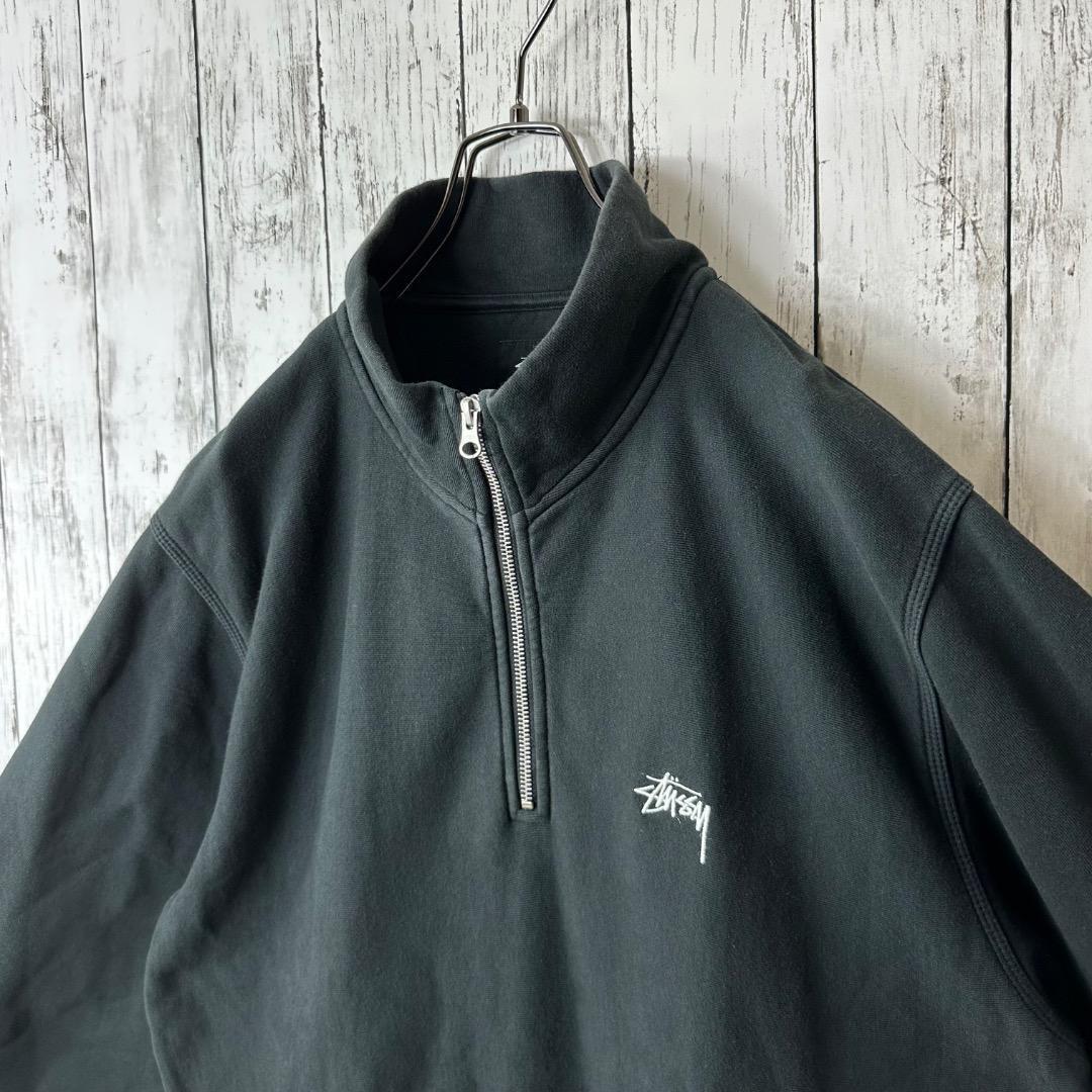 ステューシー ハーフジップ スウェット 黒 ブラック L モックネック ホワイト