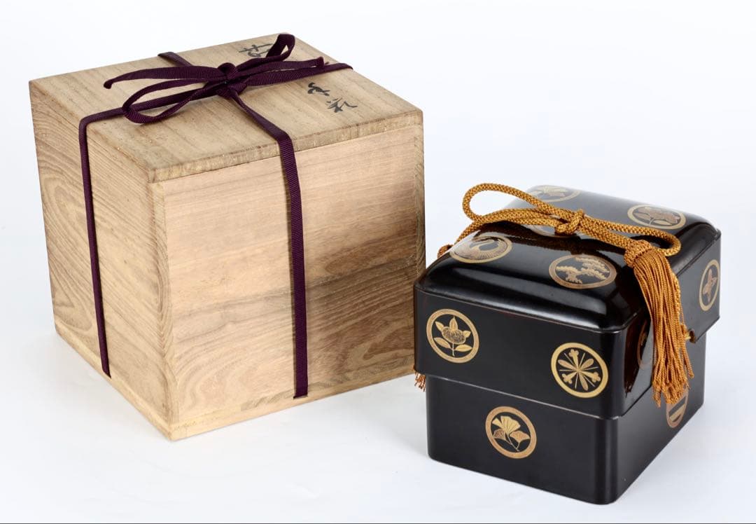 時代物 漆塗 黒漆 家紋尽 蒔絵 手箱 玉手箱 硯箱 共箱付 古美術品 骨董品