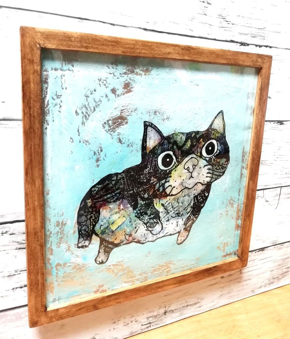 アンティークwaxベージュ額縁ご確認ページ　title「プカプカ猫」